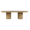 Straight-on side profile view emphasizing the architectural fluted legs and the clean rounded profile of the oak table