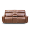 Front view of the Nordori Genuine Leather Power Recliner Loveseat in cognac brown with a center console
