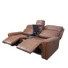 Three-quarter view of the cognac Nordori loveseat with both power recliners and headrests fully extended