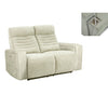 Three-quarter angled view of the cream Norr reclining loveseat showing the side control panel and power mechanism
