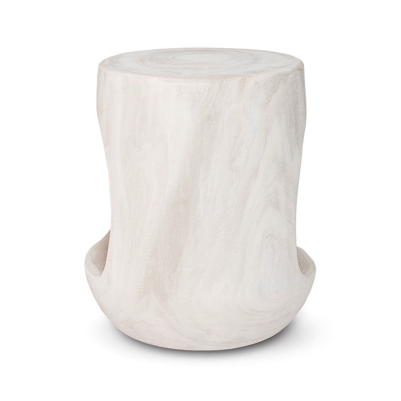 Rear profile view showing the solid back construction and smooth white-washed texture of the sculptural wood piece