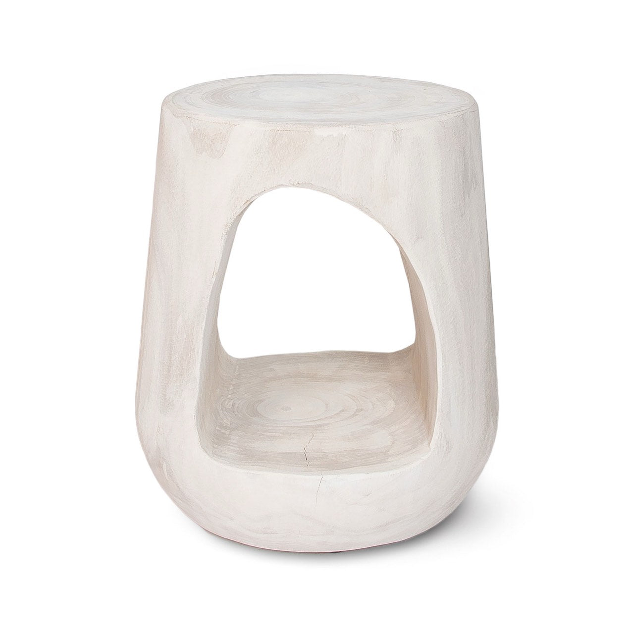 Front view of the Nova Drift end table in a white wash finish featuring an organic sculptural shape with a large central cutout