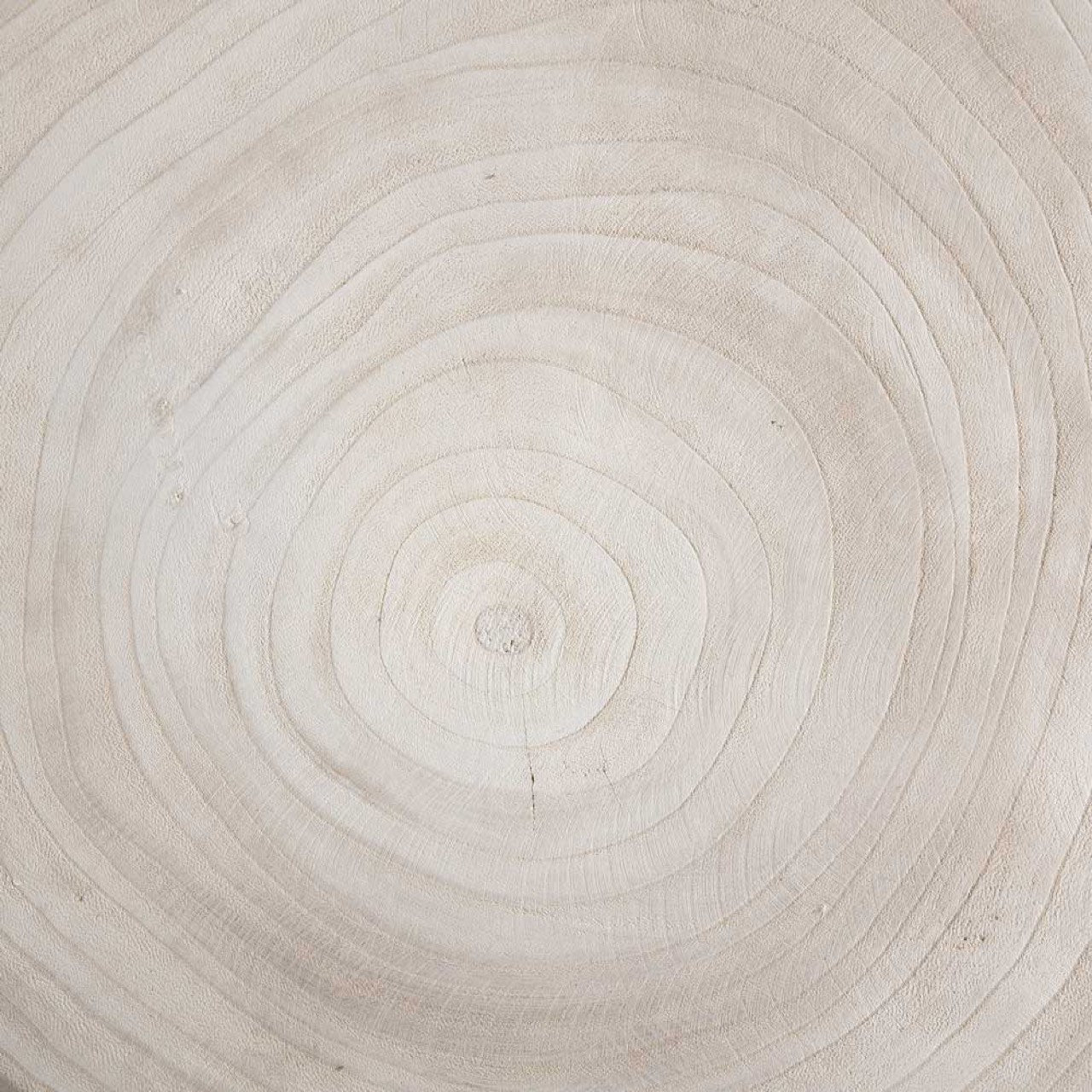 Close-up high-angle view showcasing the natural tree ring patterns and authentic wood grain on the circular tabletop