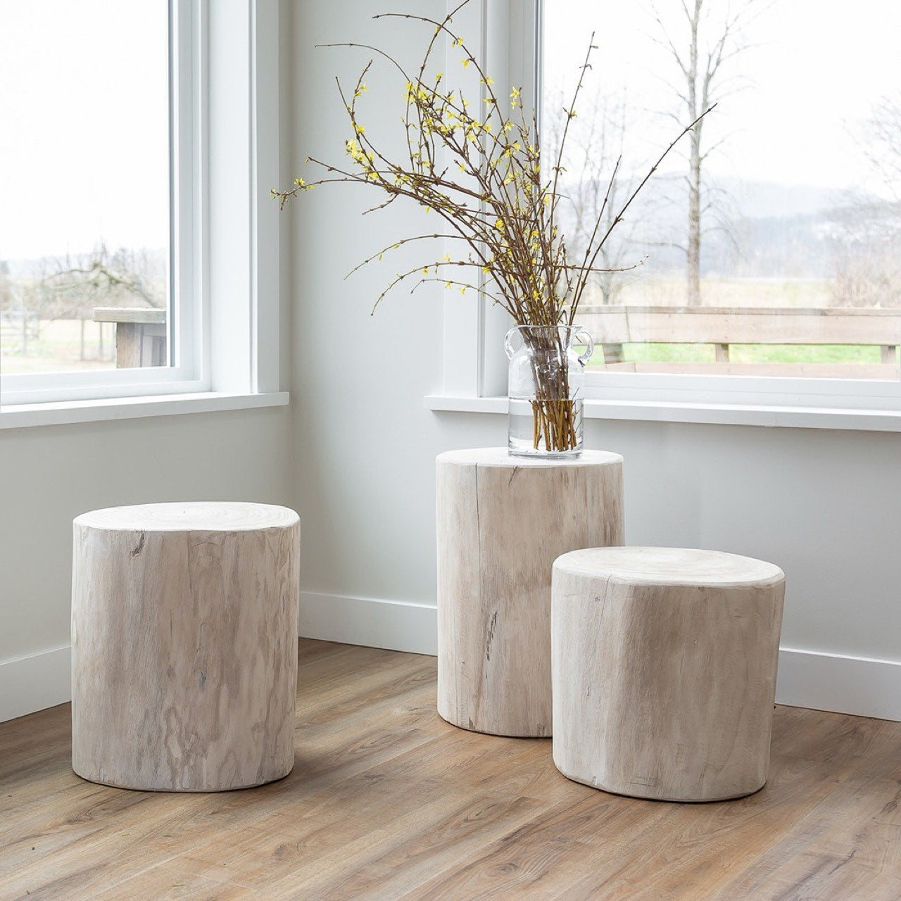 Grouping of three white wood stump tables of varying heights styled in an airy modern interior
