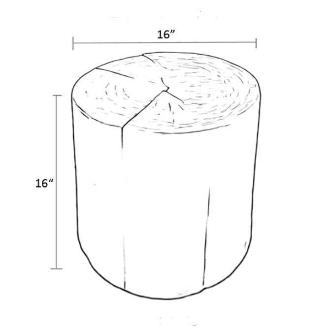 Product diagram showing the 16-inch height and 16-inch diameter measurements for the Nova wide round stump