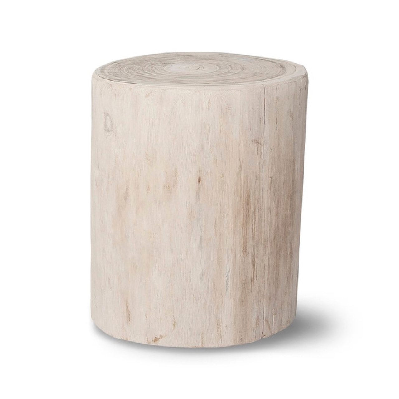 Front view of the Nova wide 18-inch round stump table in a white wash finish showcasing its natural solid wood cylindrical form