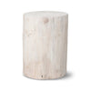 Front view of the Nova wide 21-inch round stump table in a white wash finish showcasing its natural solid wood cylindrical form