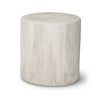 Front view of the Nova wide round stump table in a white wash finish showcasing its natural cylindrical tree trunk form
