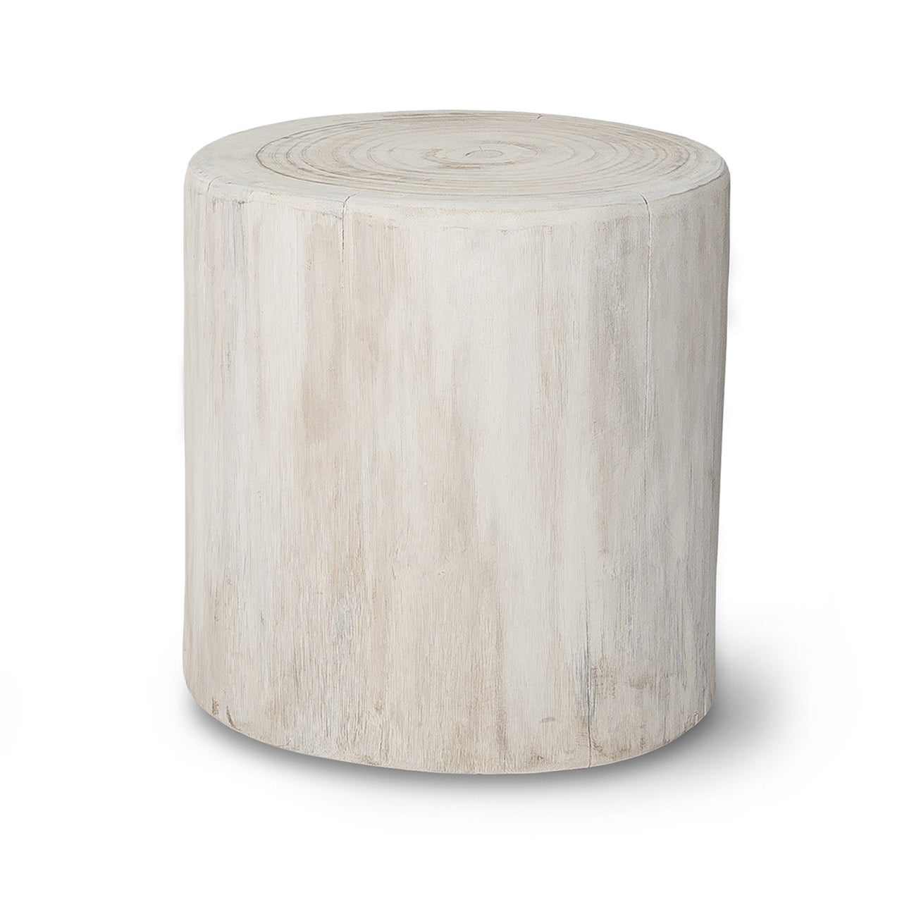 Front view of the Nova wide round stump table in a white wash finish showcasing its natural cylindrical tree trunk form
