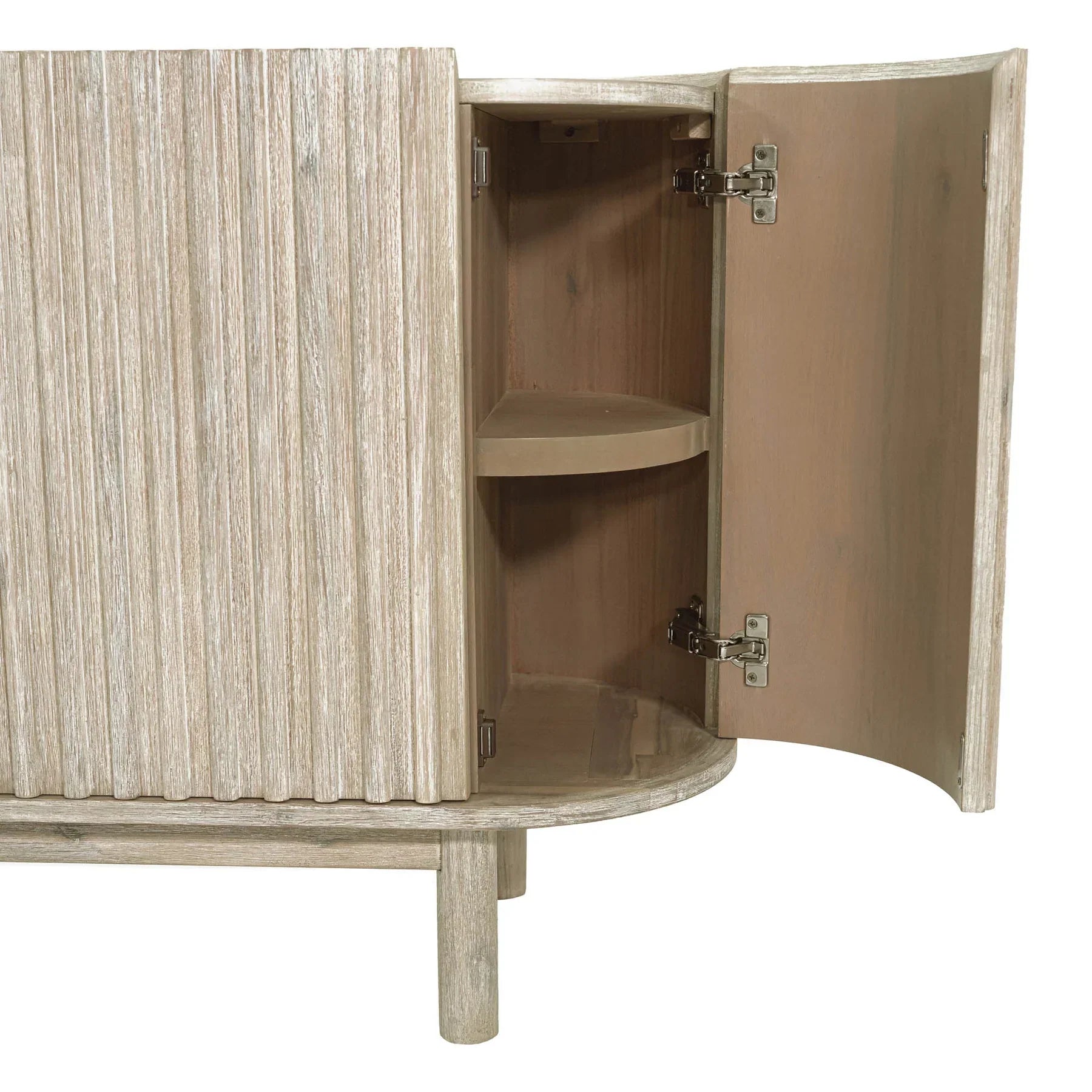 Front perspective view of the Oasis 4-door sideboard featuring a light oak finish, rounded corners, and vertical matte black metal handles