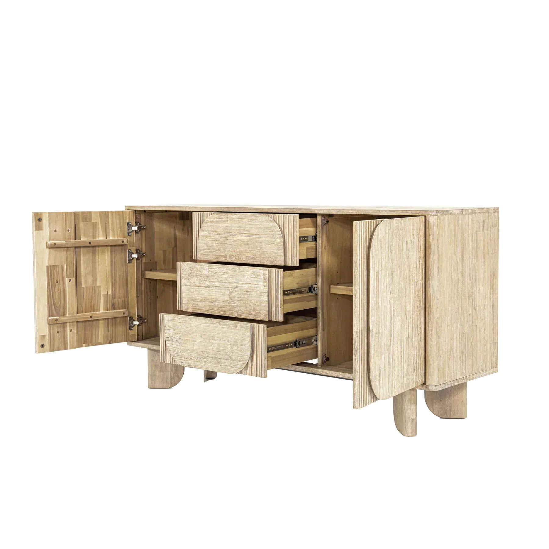 Front perspective view of the Haru sideboard in a light oak finish featuring unique rounded door and drawer panels with a minimalist plinth base