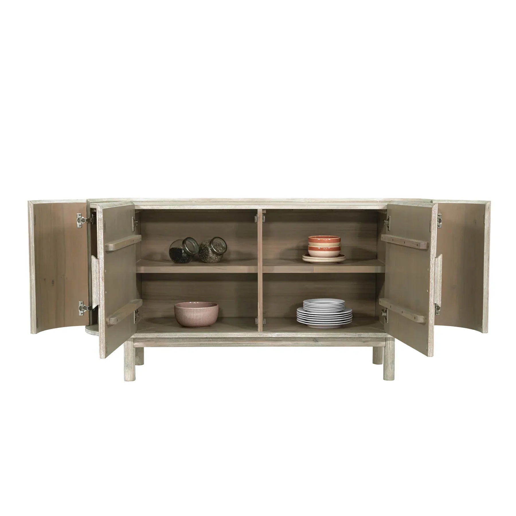 Front perspective view of the Oasis 4-door sideboard featuring a light oak finish, rounded corners, and vertical matte black metal handles