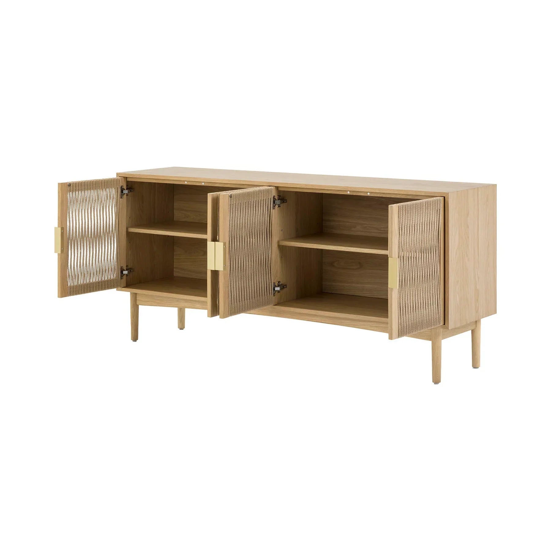 Front perspective view of the Lumina 4-door sideboard featuring a light oak wood frame, fluted glass door panels, and elegant vertical gold metal handles