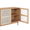 Detailed interior shot focusing on the magnetic push-to-open latch system and the sturdy oak shelf