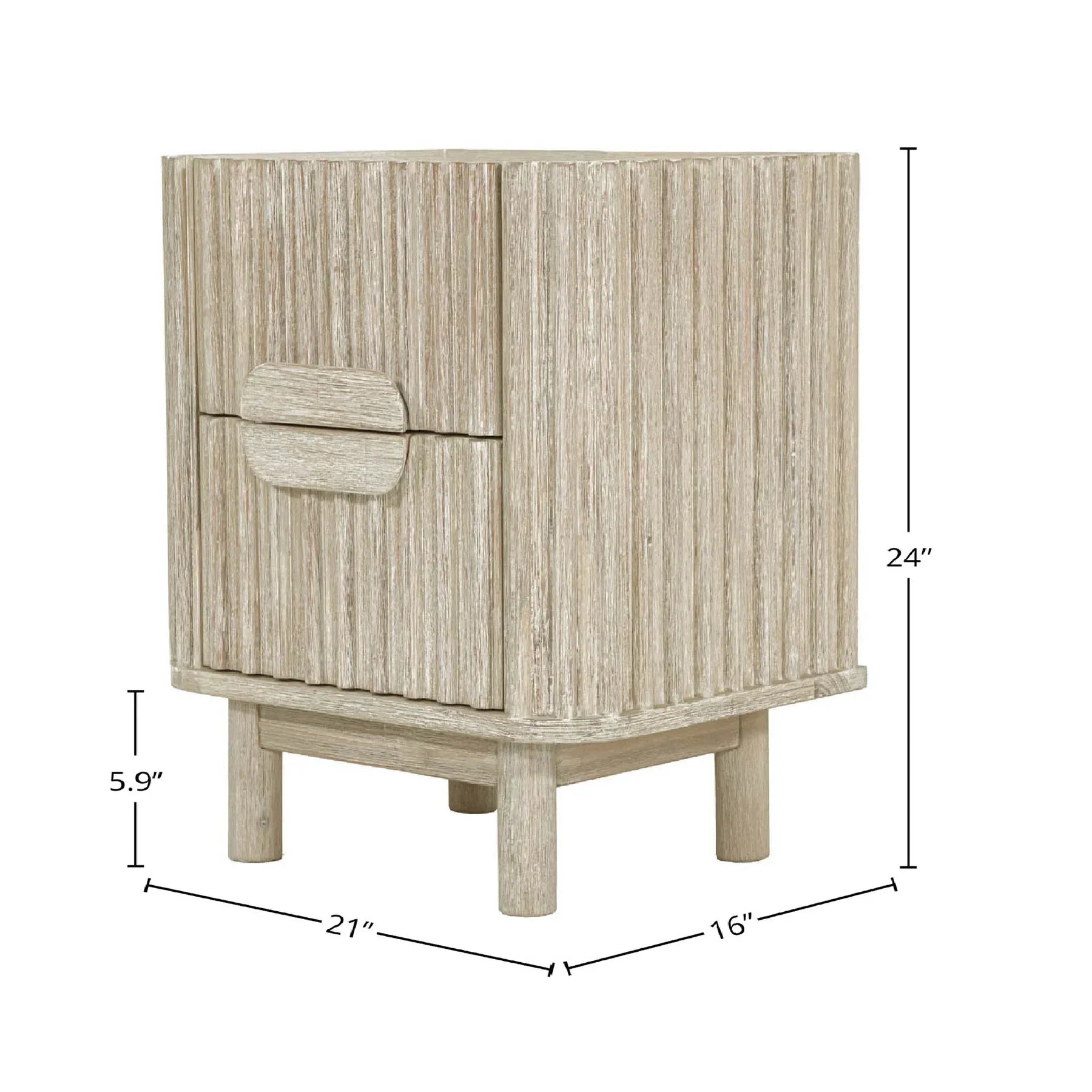 Front view of the Oasis nightstand featuring a light white oak finish, vertical ribbed texture, and unique pill-shaped integrated handles