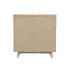 Straight-on front view highlighting the symmetrical walnut wood grain panels and the slim horizontal metal hardware