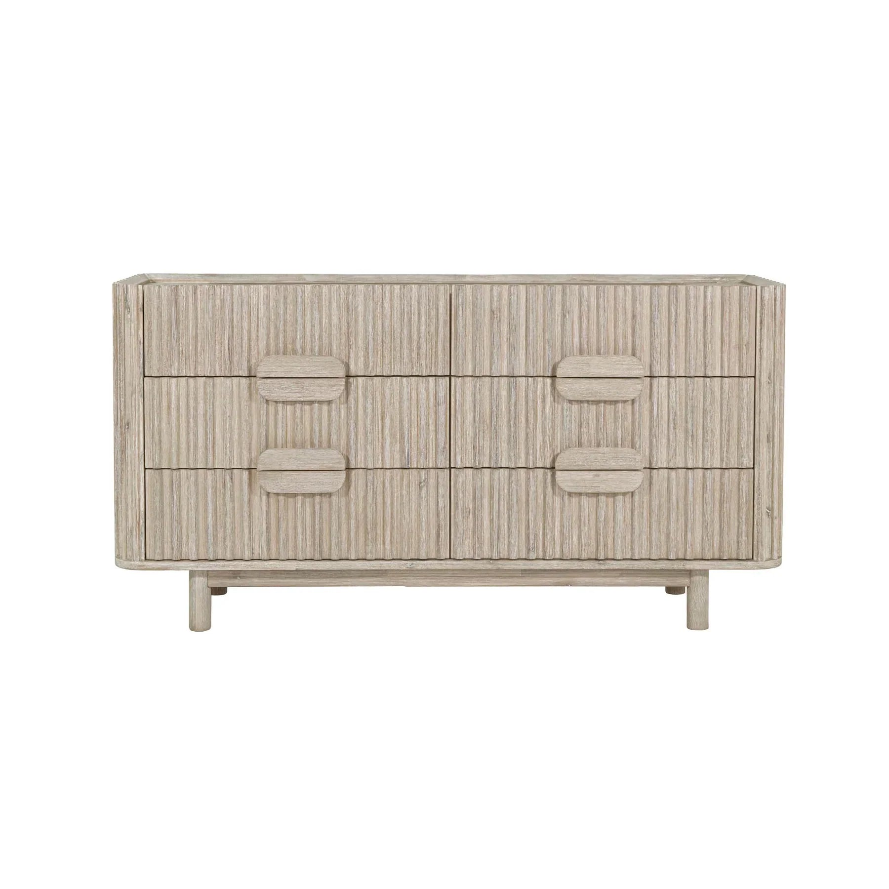 Front view of the Oasis 6-drawer dresser in a light bleached oak finish featuring vertical fluted wood detailing and integrated oval handles