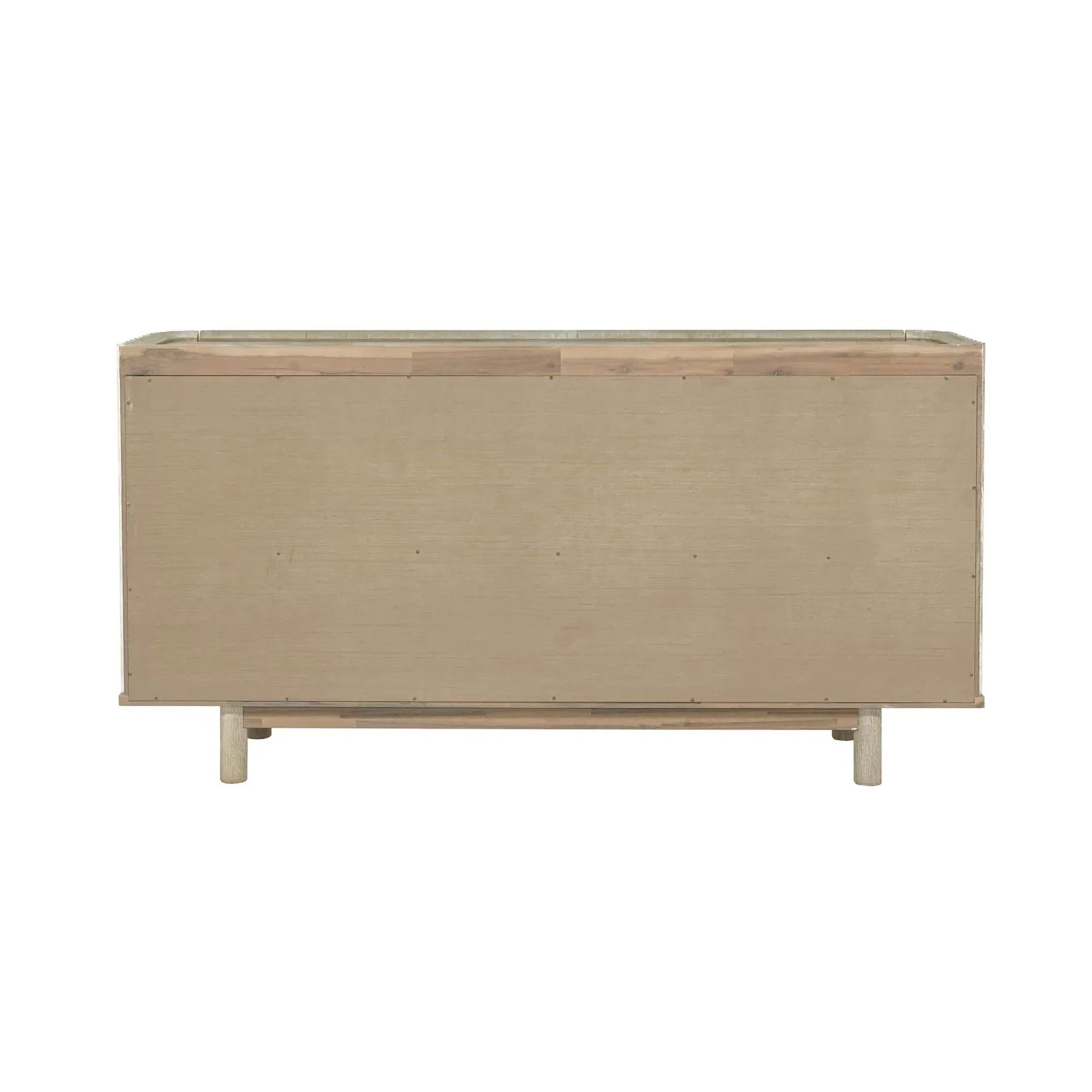 Front view of the Oasis 6-drawer dresser in a light bleached oak finish featuring vertical fluted wood detailing and integrated oval handles