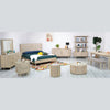 Alternative wide view of the Oasis collection including the coffee table, bed frame, and storage cabinets