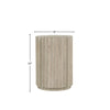 Product view highlighting the 18 inch diameter and 20 inch height dimensions of the ribbed wood drum table