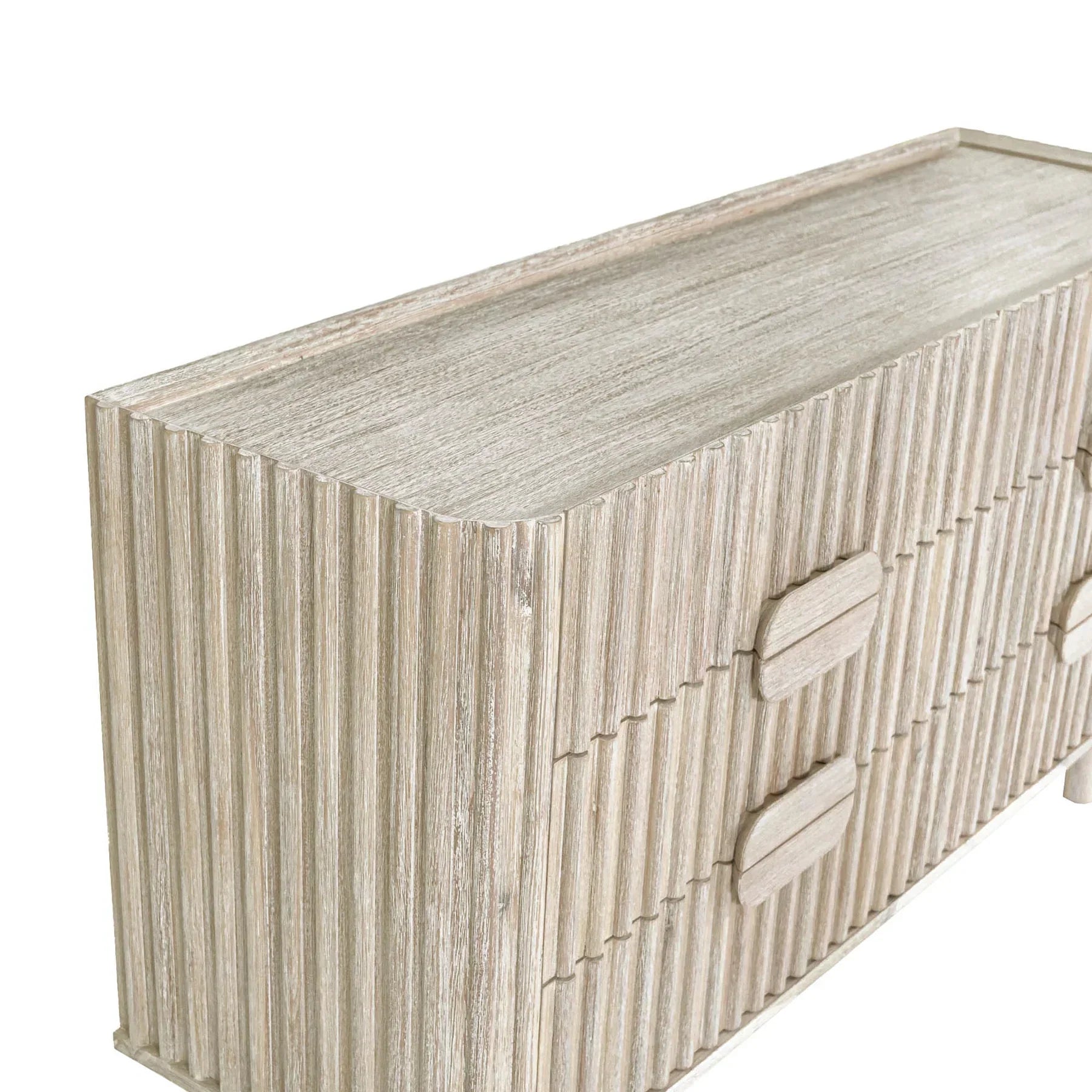 Front view of the Oasis 6-drawer dresser in a light bleached oak finish featuring vertical fluted wood detailing and integrated oval handles