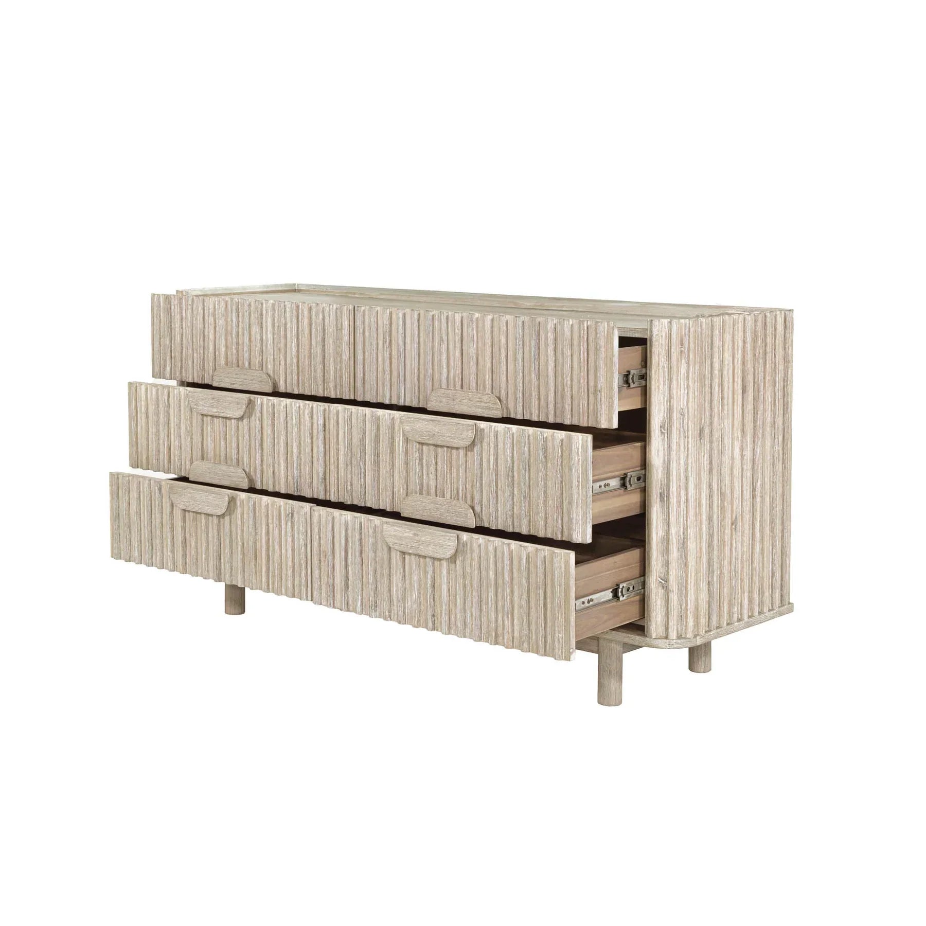 Front view of the Oasis 6-drawer dresser in a light bleached oak finish featuring vertical fluted wood detailing and integrated oval handles