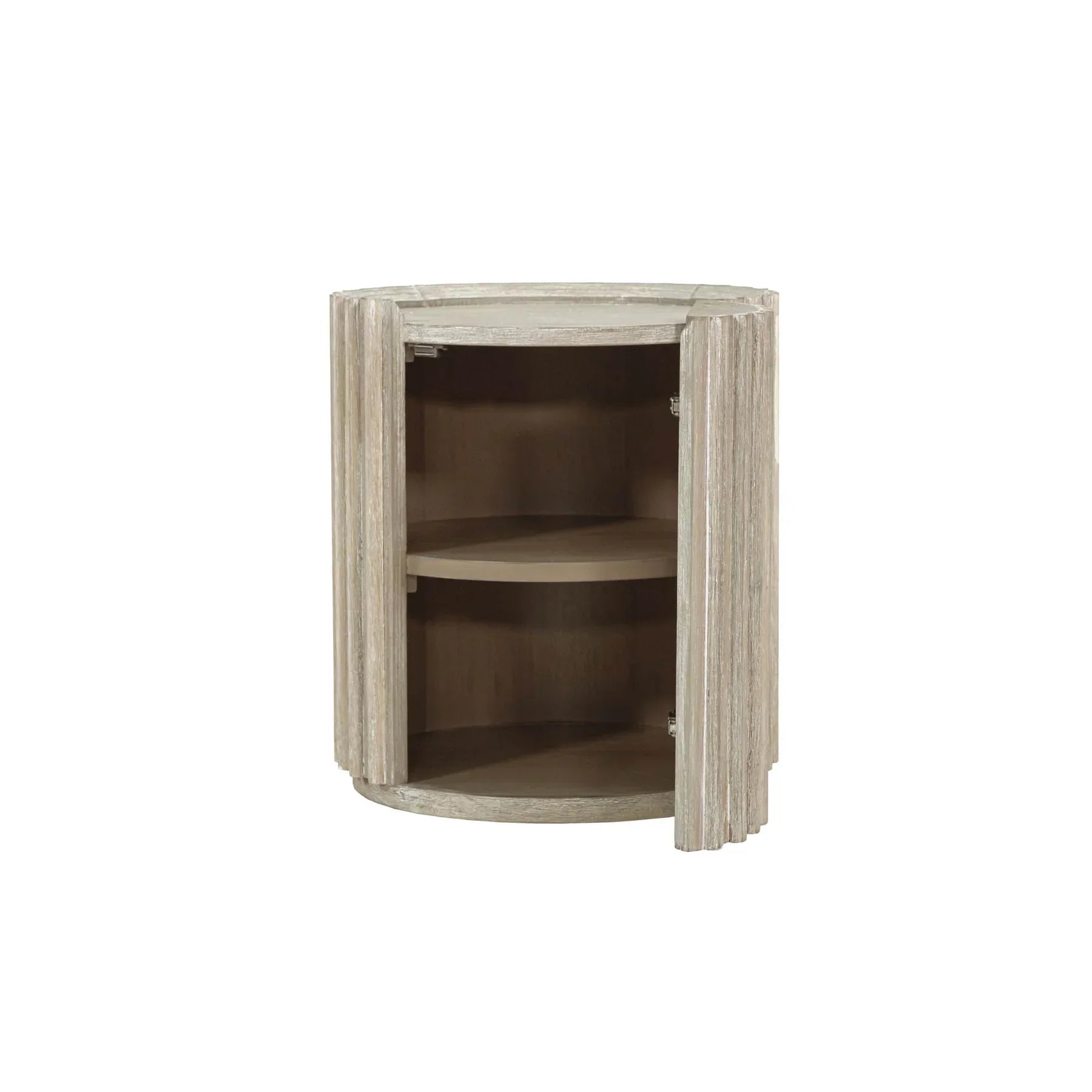 Front view of the Oasis drum-style side table featuring a vertical ribbed texture and a light oak wood finish