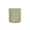 Straight-on front view of the Oasis table emphasizing the clean vertical lines of the ribbed wood paneling