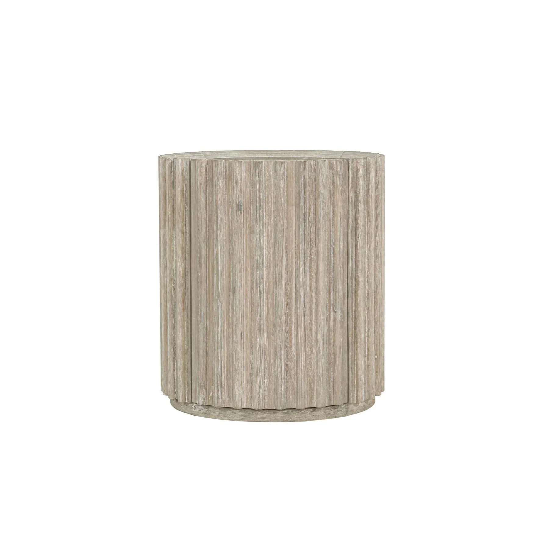 Front view of the Oasis drum-style side table featuring a vertical ribbed texture and a light oak wood finish