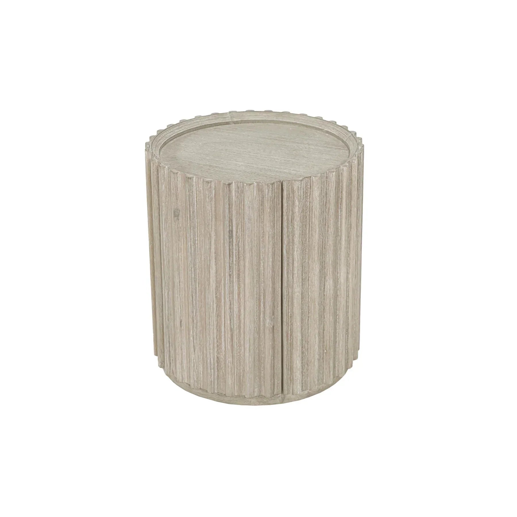Front view of the Oasis drum-style side table featuring a vertical ribbed texture and a light oak wood finish