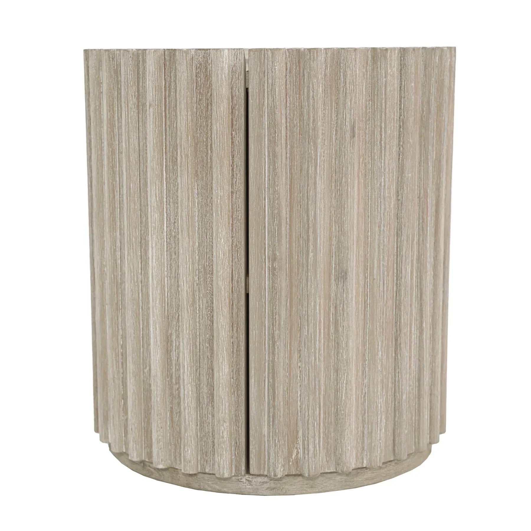 Front view of the Oasis drum-style side table featuring a vertical ribbed texture and a light oak wood finish