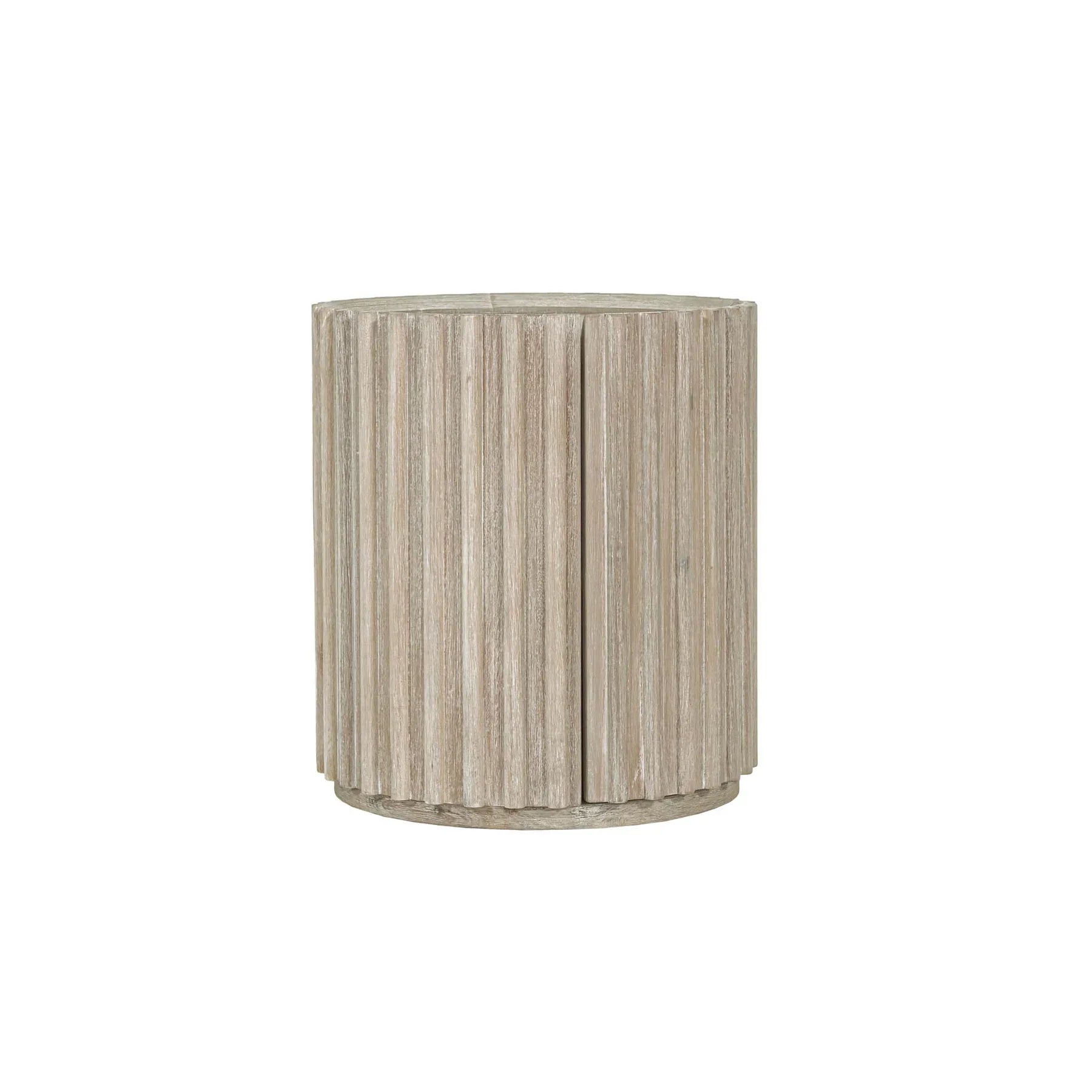 Front view of the Oasis drum-style side table featuring a vertical ribbed texture and a light oak wood finish