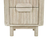 Close-up perspective focusing on the soft rounded corner radius and the sturdy cylindrical wood support legs