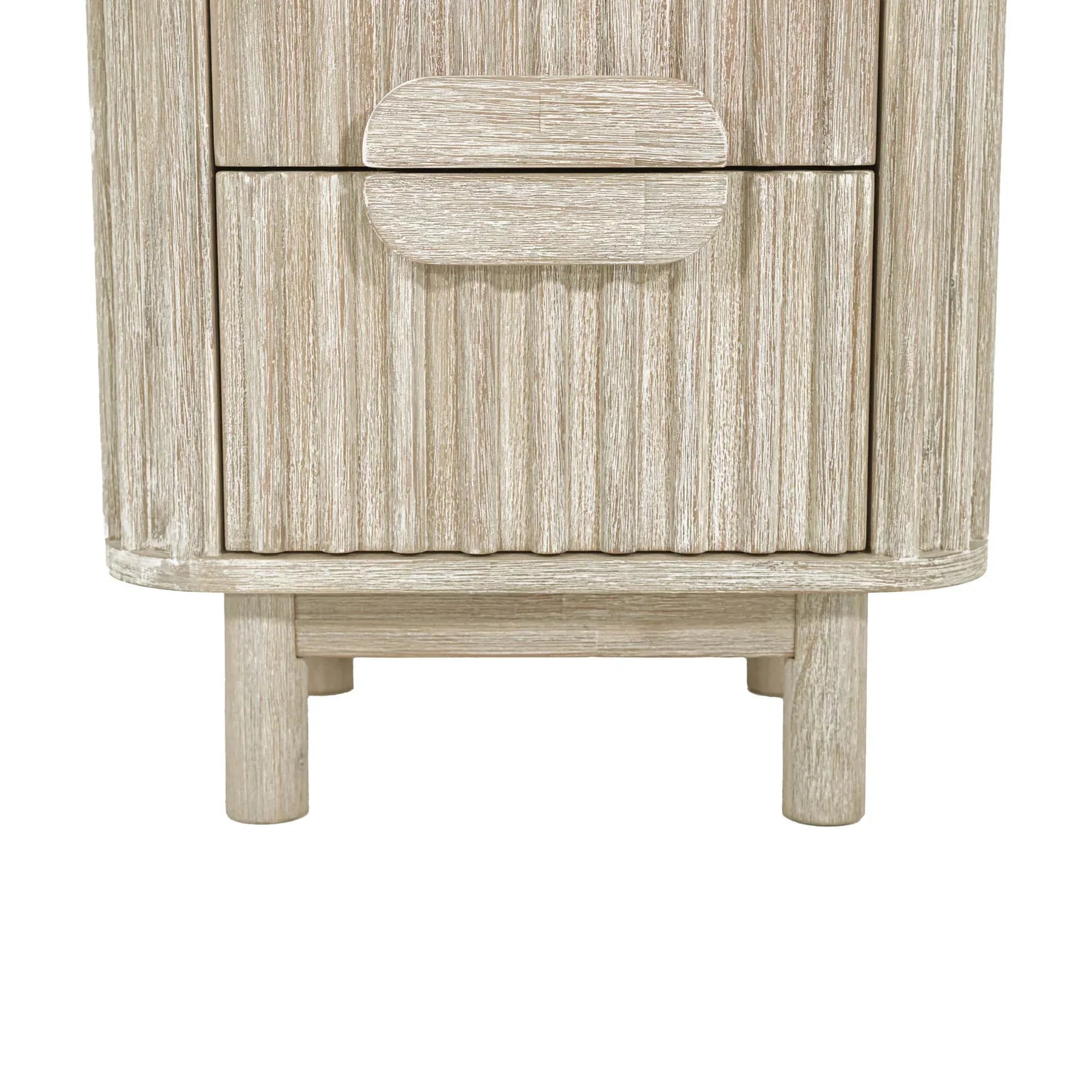 Front view of the Oasis nightstand featuring a light white oak finish, vertical ribbed texture, and unique pill-shaped integrated handles