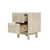 High-angle perspective view with the bottom drawer open showcasing smooth metal ball-bearing glides and light wood internal construction