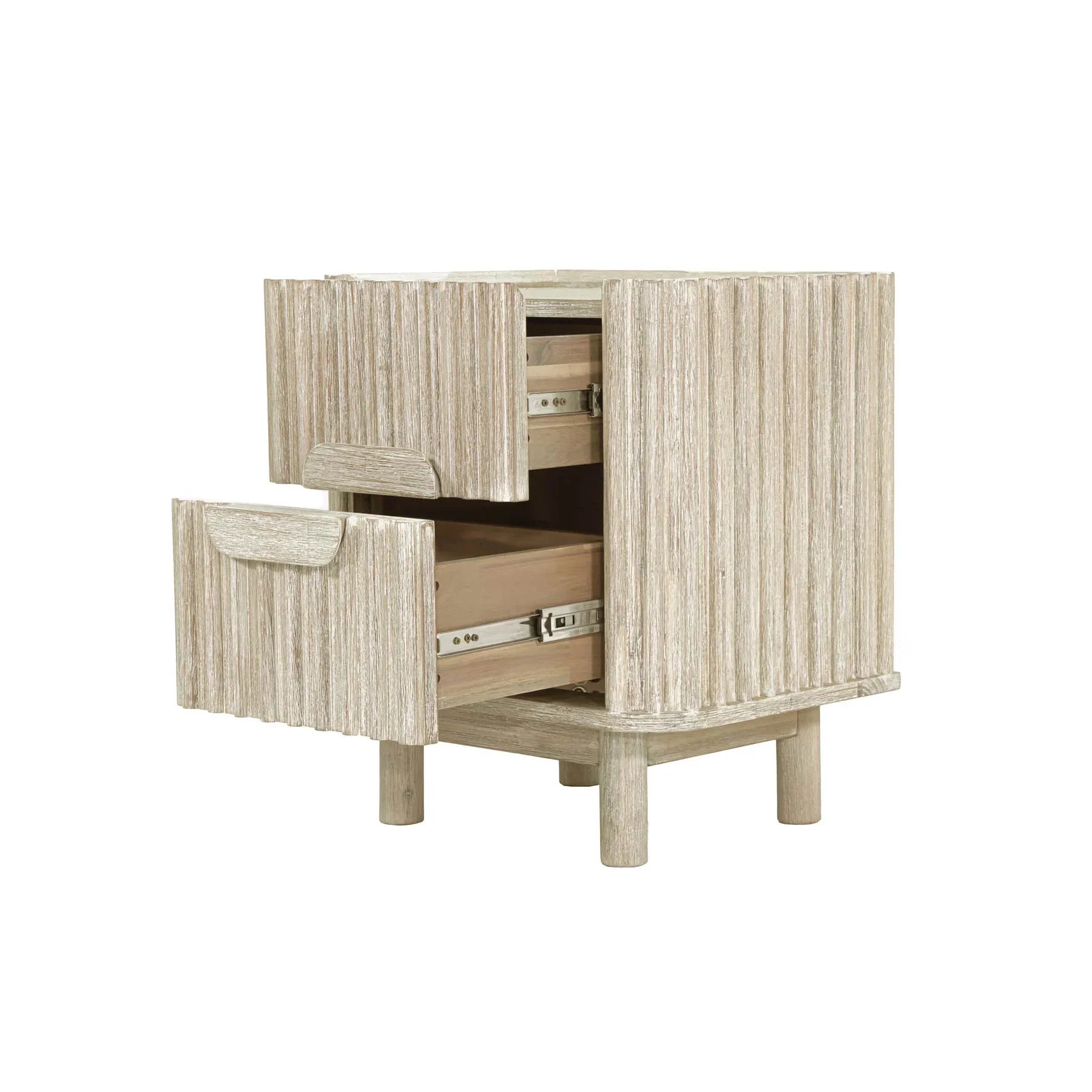 Front view of the Oasis nightstand featuring a light white oak finish, vertical ribbed texture, and unique pill-shaped integrated handles