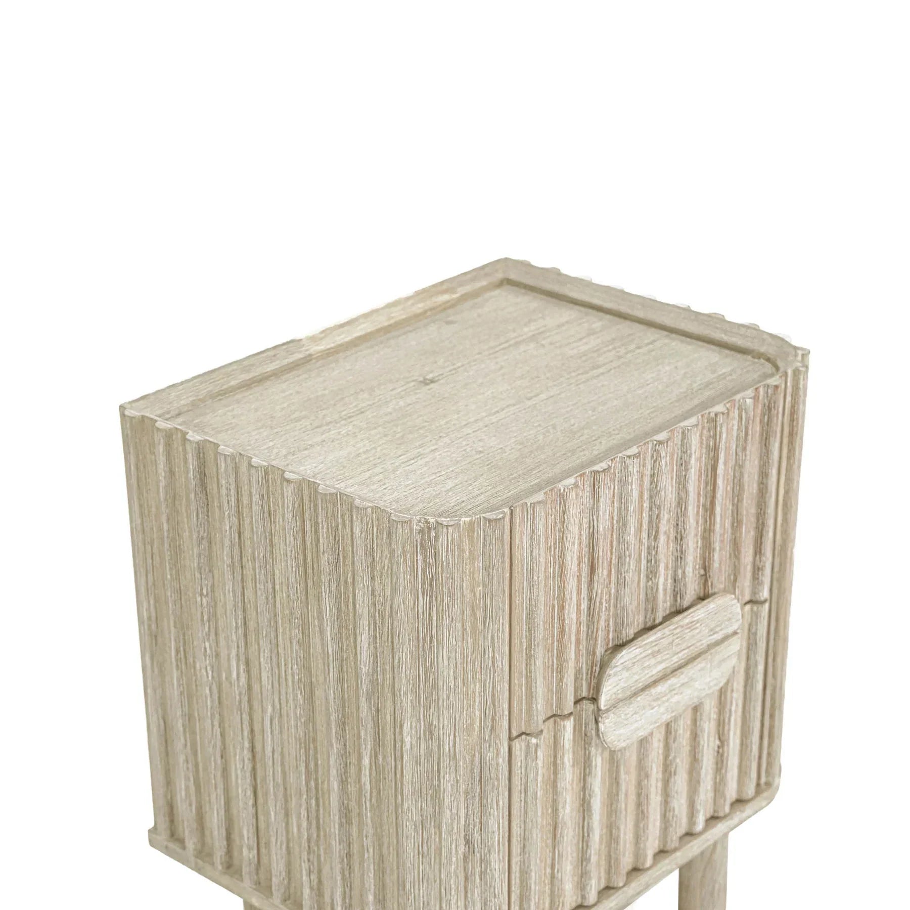 Front view of the Oasis nightstand featuring a light white oak finish, vertical ribbed texture, and unique pill-shaped integrated handles