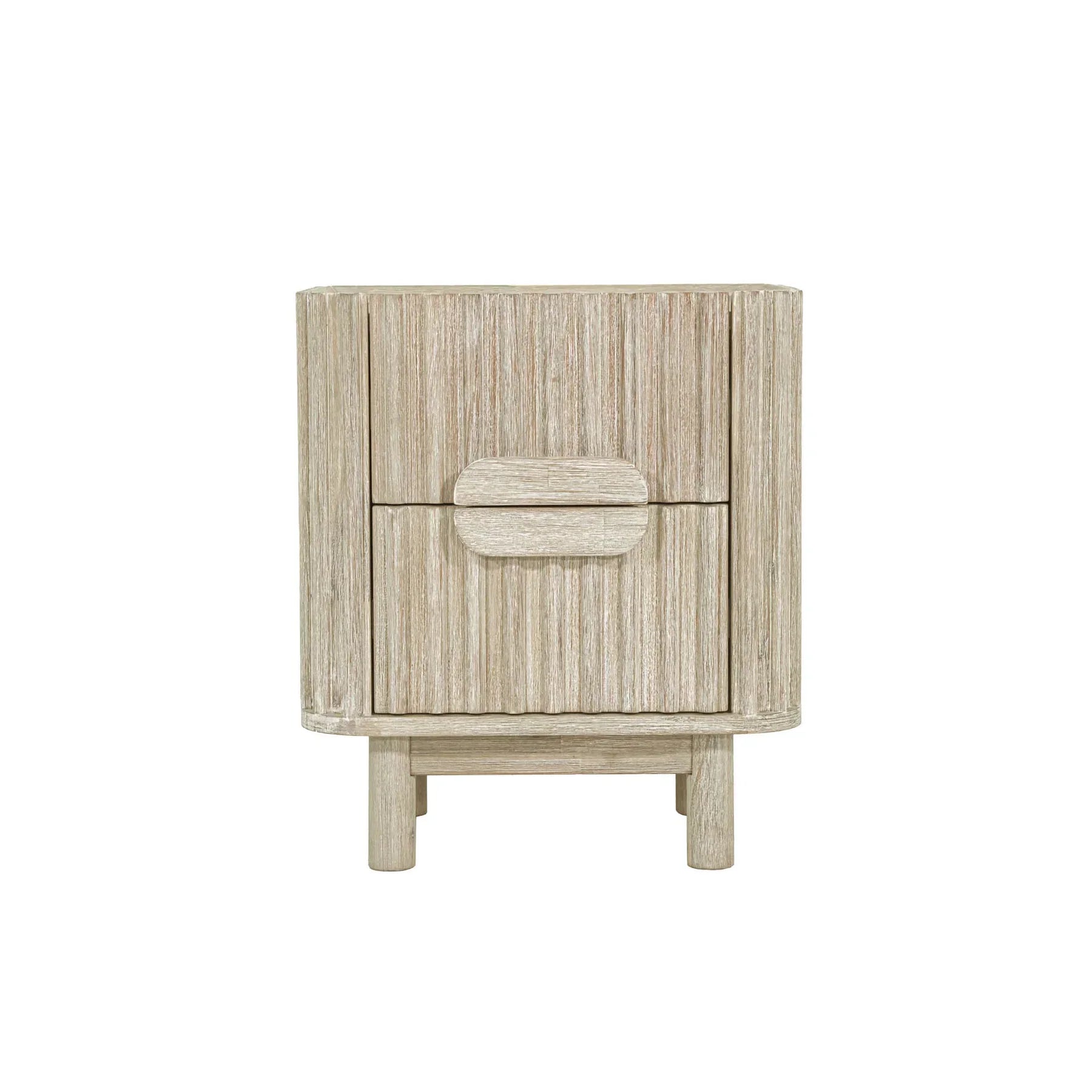 Front view of the Oasis nightstand featuring a light white oak finish, vertical ribbed texture, and unique pill-shaped integrated handles