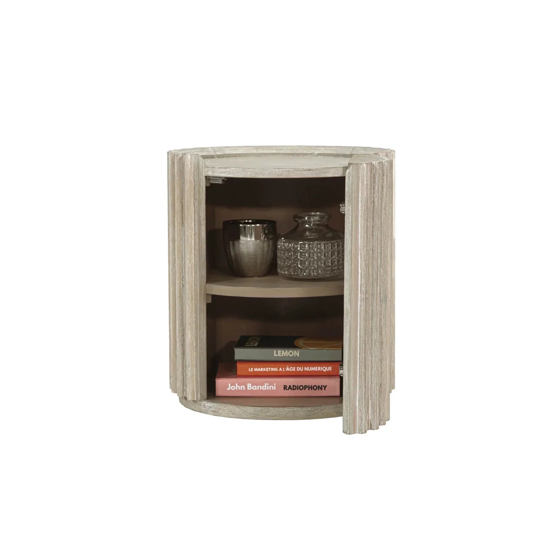 Front view of the Oasis drum-style side table featuring a vertical ribbed texture and a light oak wood finish
