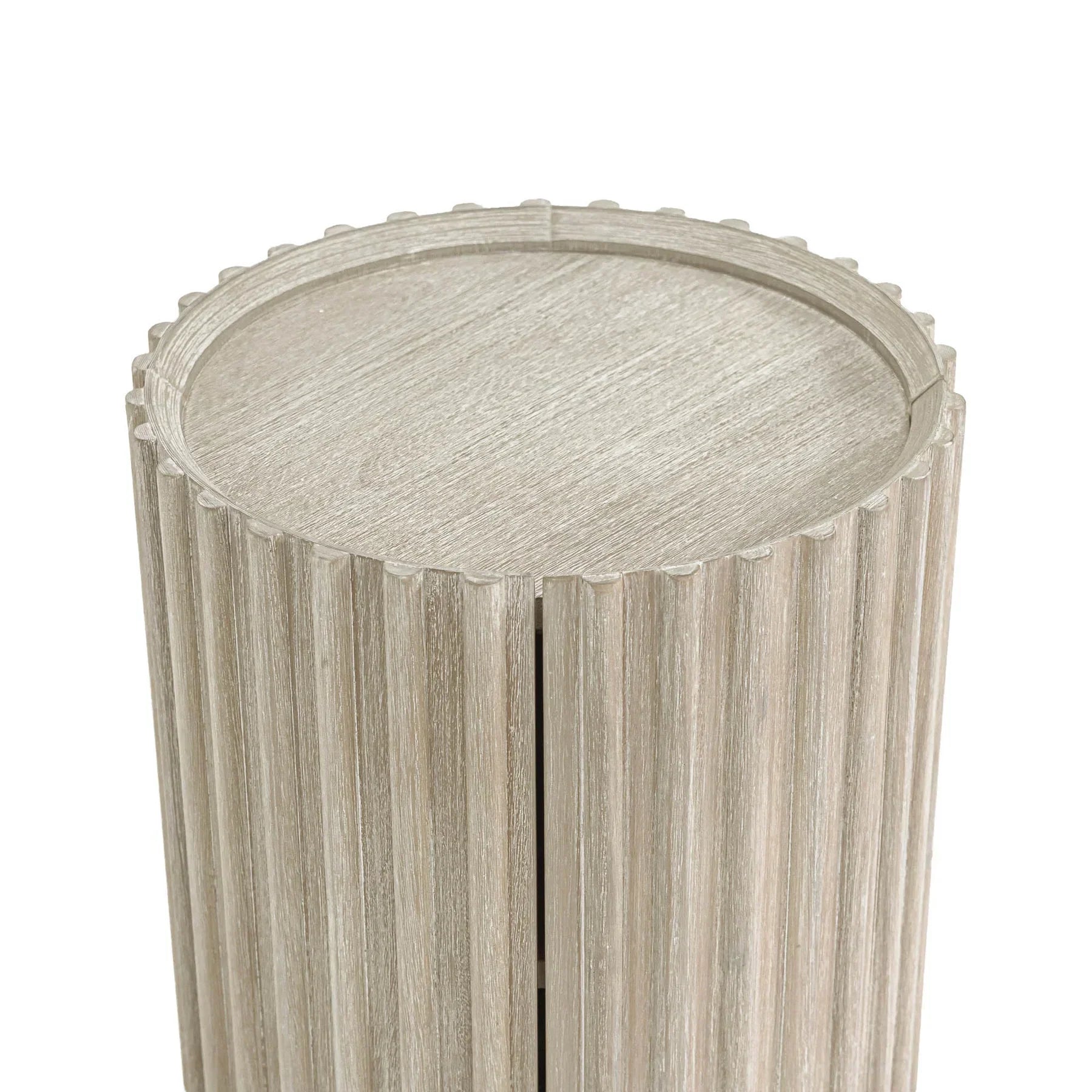 Front view of the Oasis drum-style side table featuring a vertical ribbed texture and a light oak wood finish
