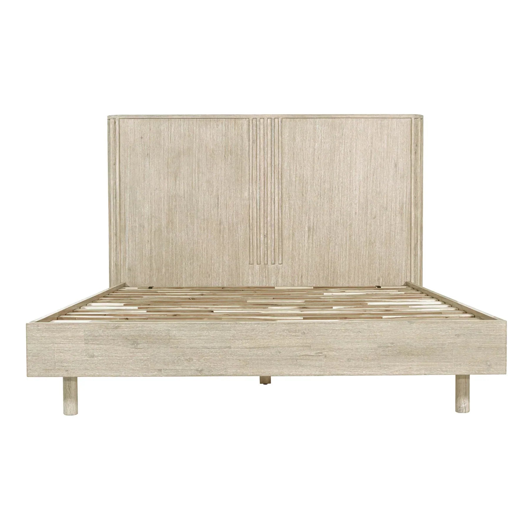 Front view of the Oasis platform bed featuring a light oak wood finish and a high headboard with subtle vertical carved details