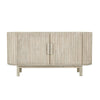 Front perspective view of the Oasis 4-door sideboard featuring a light oak finish, rounded corners, and vertical matte black metal handles