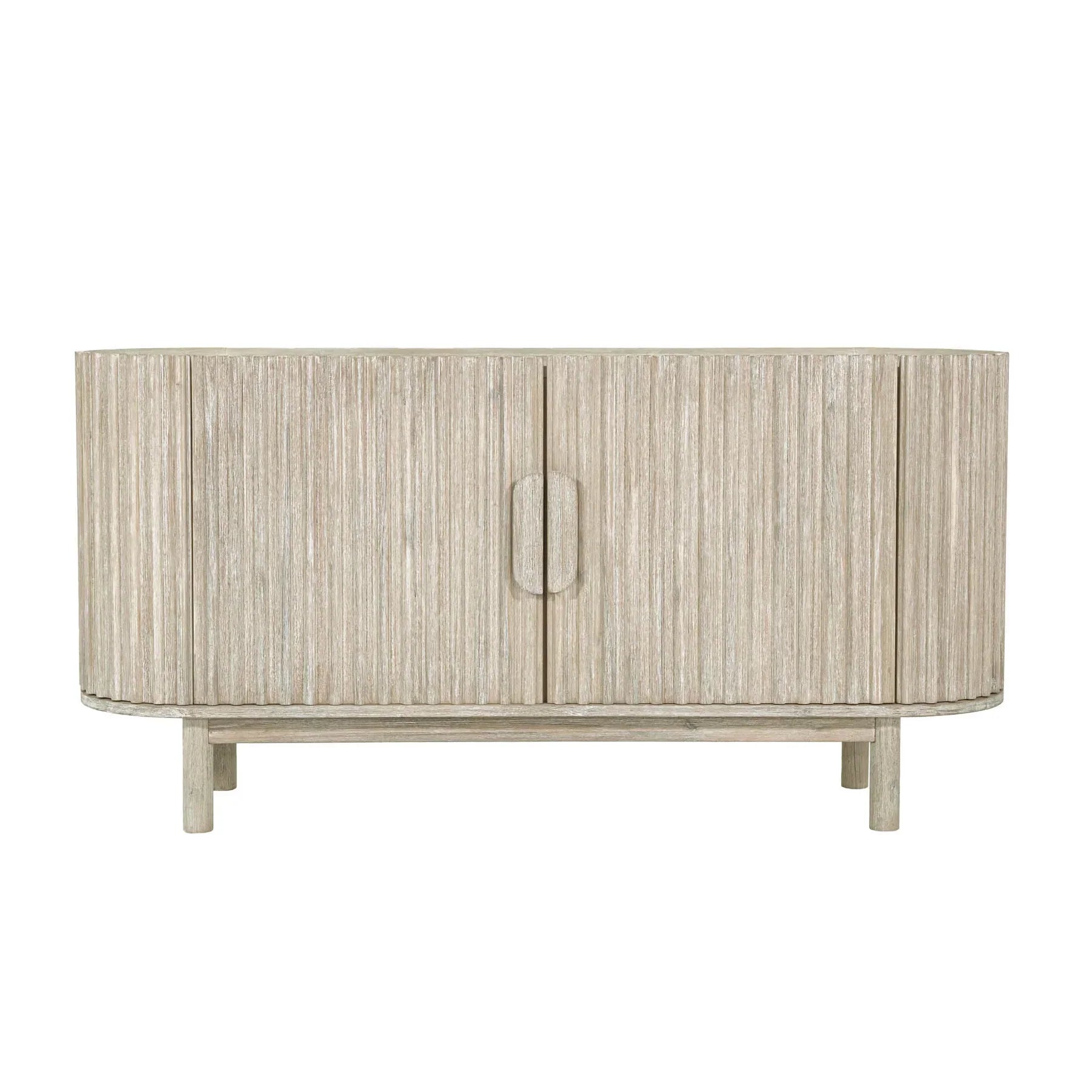 Front perspective view of the Oasis 4-door sideboard featuring a light oak finish, rounded corners, and vertical matte black metal handles