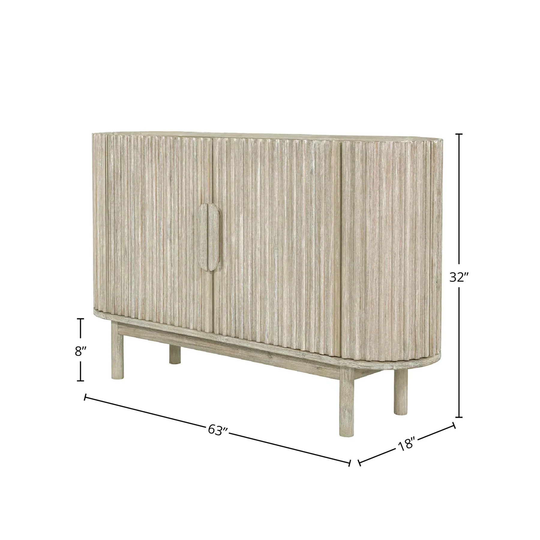 Front perspective view of the Oasis 4-door sideboard featuring a light oak finish, rounded corners, and vertical matte black metal handles