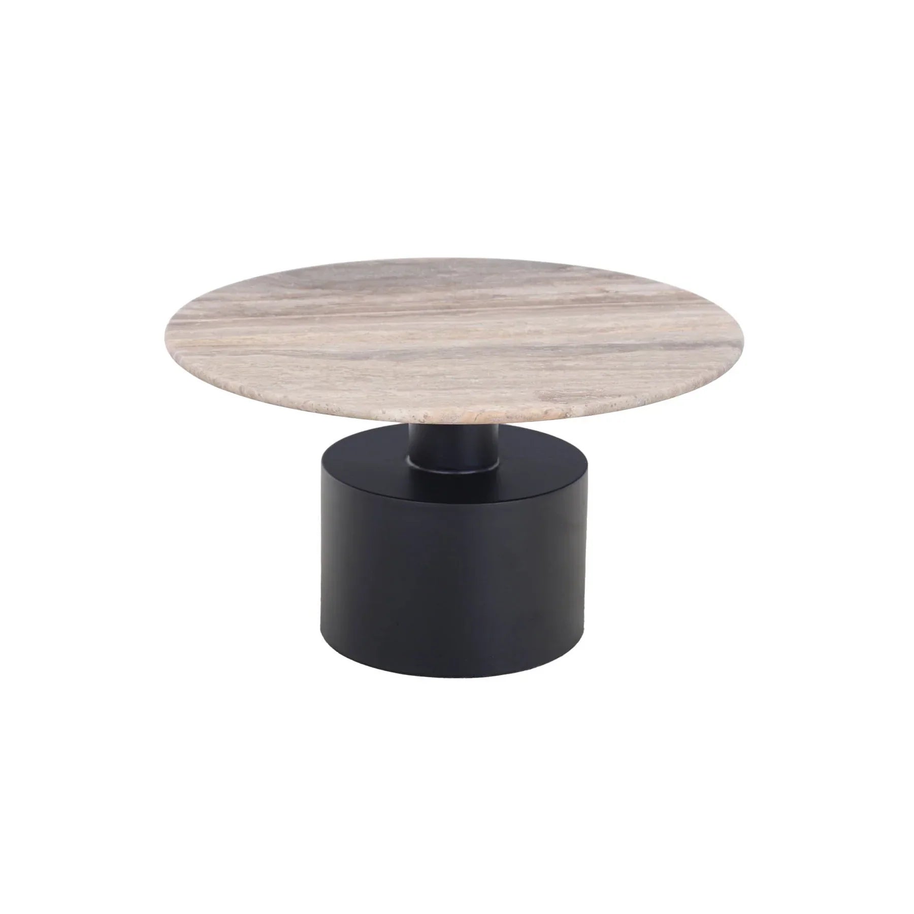 Alternative angled shot showcasing the contrast between the organic stone tabletop and the smooth matte black metal pedestal