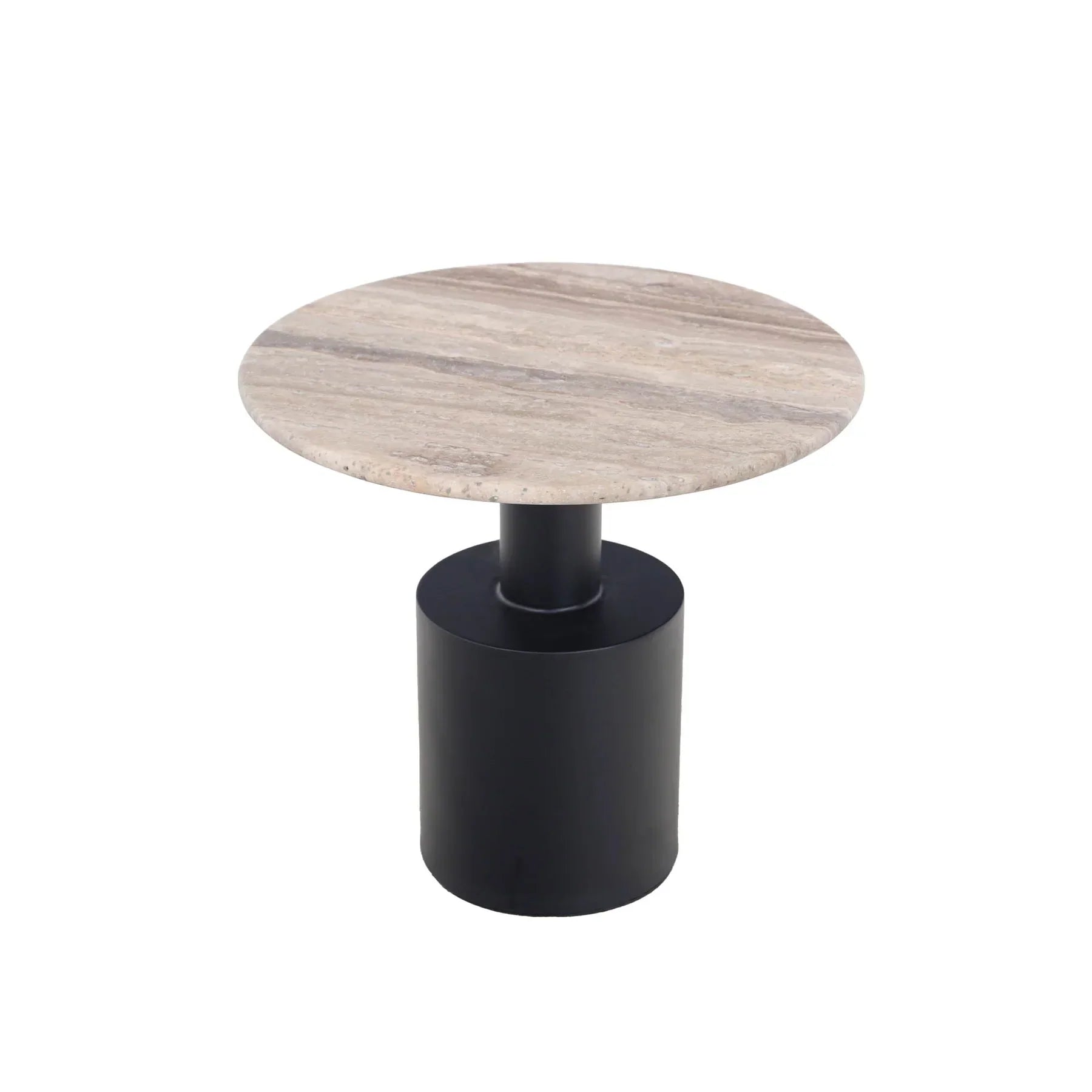 Perspective shot highlighting the slim profile of the travertine tabletop and the architectural stepped pedestal design