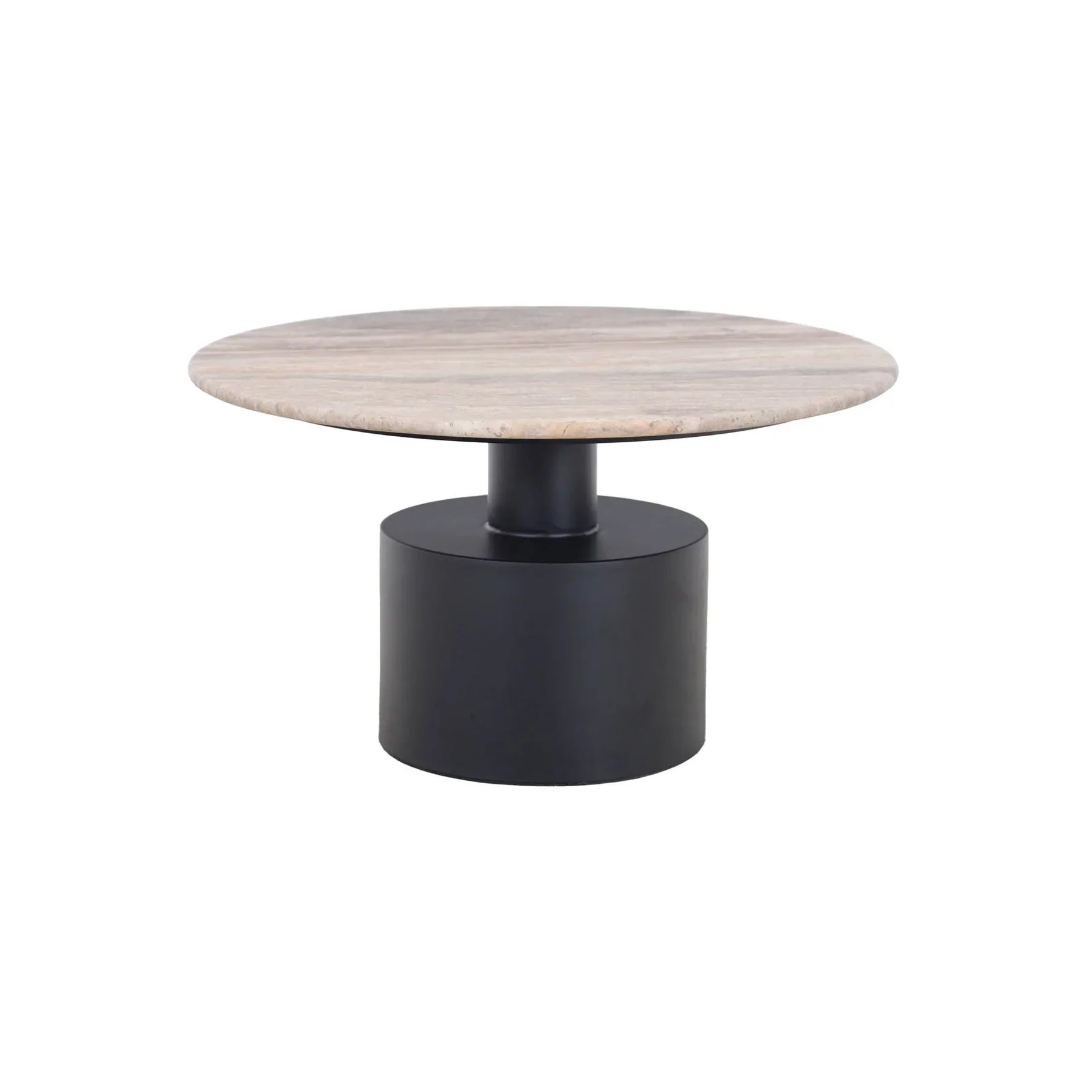 Three-quarter perspective highlighting the thin profile of the travertine surface and the stepped architectural design of the black base