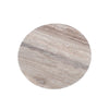 Direct overhead view showcasing the unique horizontal mineral veining and neutral beige tones of the round travertine surface