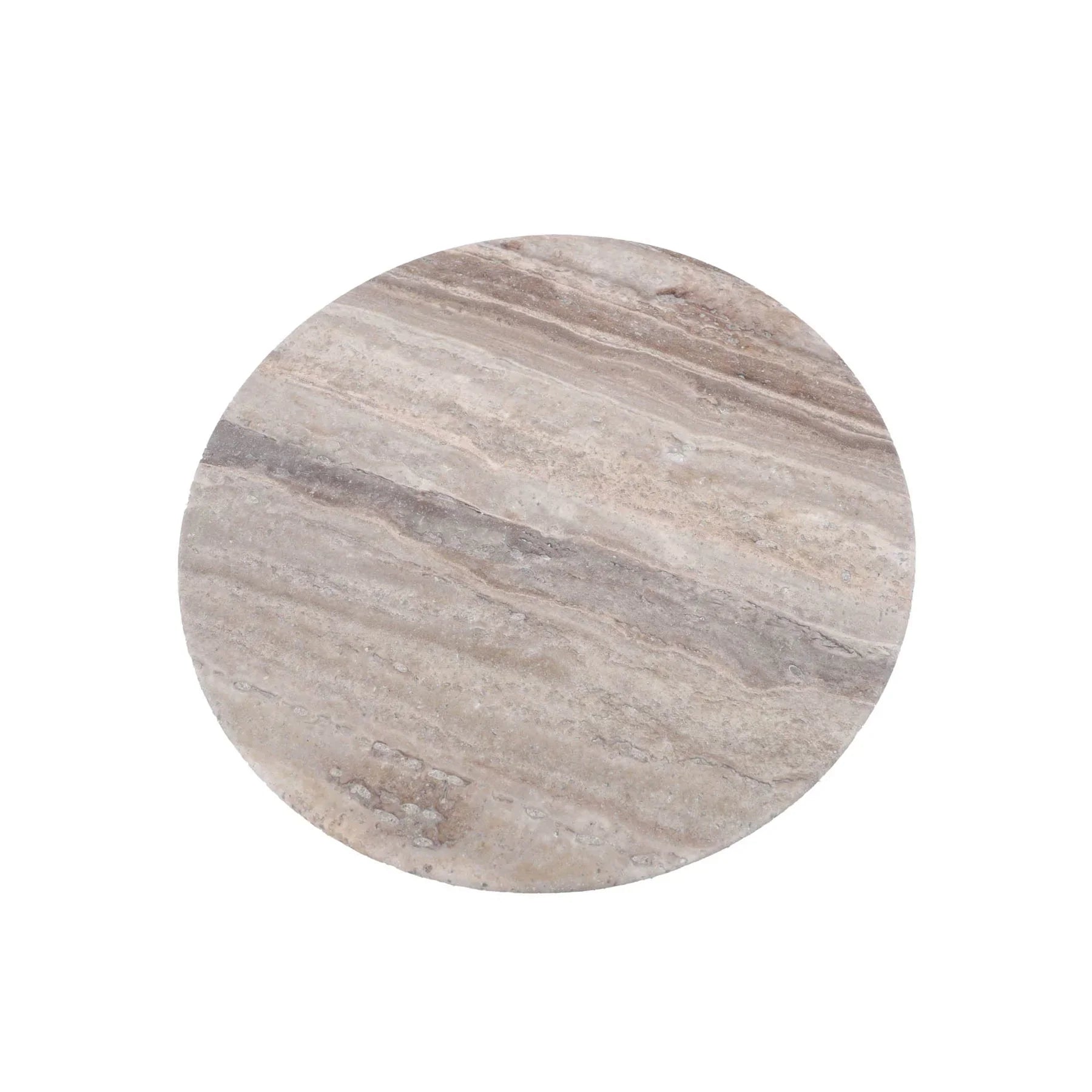Direct overhead view showcasing the unique horizontal mineral veining and neutral beige tones of the round travertine surface