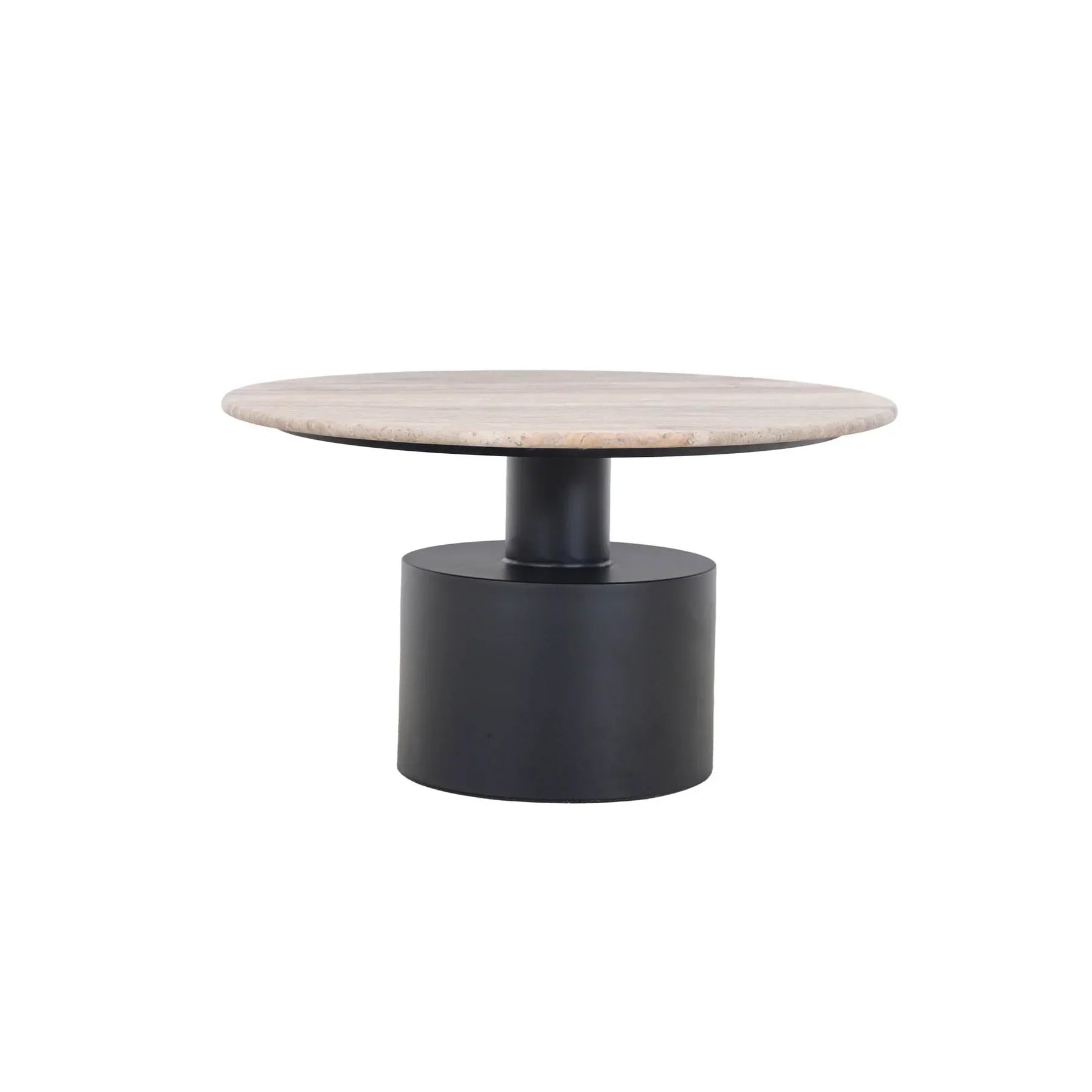 Front view of the Ocean coffee table featuring a circular beige travertine top supported by a substantial black metal pedestal base